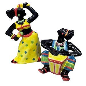 1996 Clay Art Montego African Dancer and Drummer Salt Pepper Shakers Caribbean